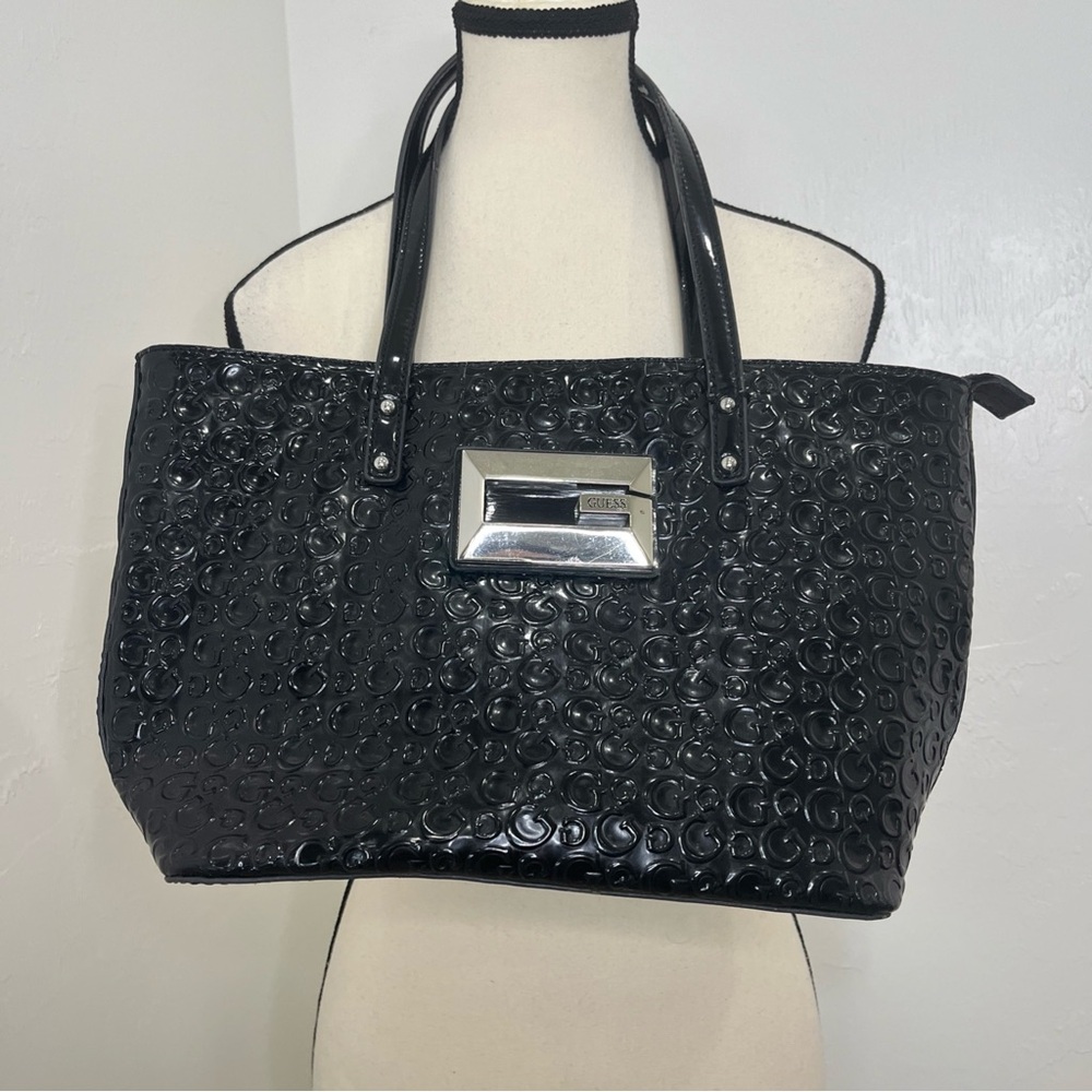 Guess Tote Bag Womens Large‎ Black Good Patent Embossed G Logo